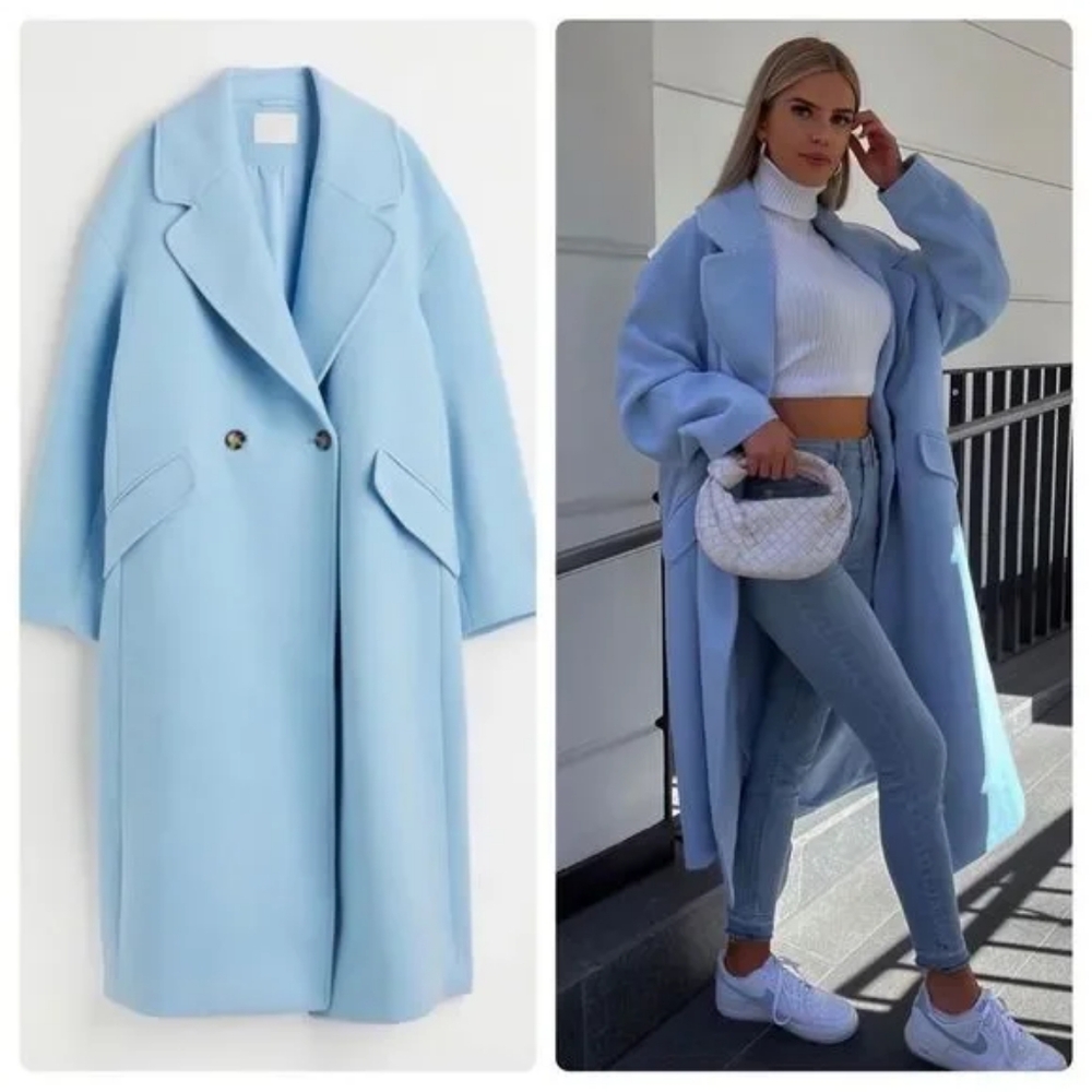 H&M  Double Breasted Sky Blue Coat Women's Size XL Pockets Outerwear Cozy Warmth